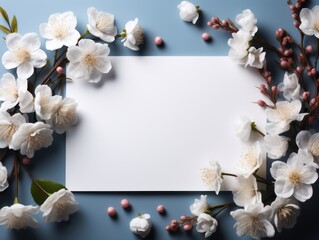 Fototapeta na wymiar White blank greeting card on the background with flowers, love letter
