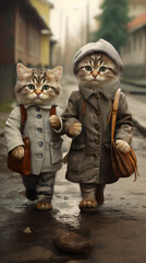 Two cute cats holding hands carrying bags 
