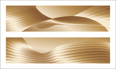Wavy golden parallel gradient lines, ribbons, silk. Golden with shades of yellow background, banner, poster. Set of 2 backgrounds. Eps vector