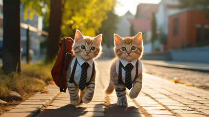 Two cute kittens are in a shirt and tie is walking - obrazy, fototapety, plakaty