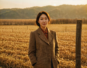 photo of beautiful asian woman standing with farm field in background at the morning, generative AI