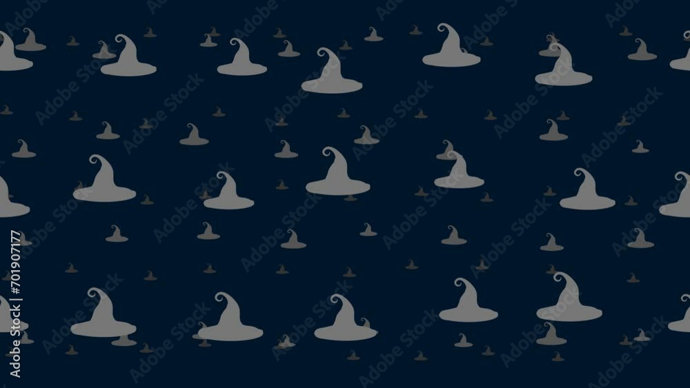 Poster witch hat symbols float horizontally from left to right. parallax fly effect. floating symbols are l