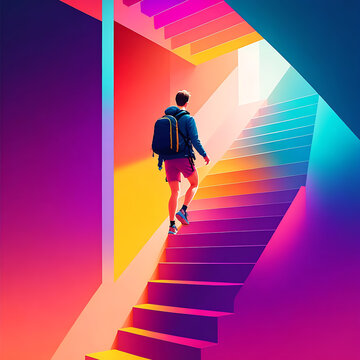 A man walking up stairs, colorfull gradient