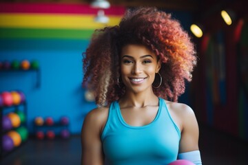 Fototapeta premium Fitness, gym and happy african american woman personal trainer ready for workout coaching