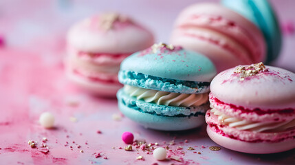 Obraz na płótnie Canvas Artisan Macarons Pink Blue Gold Sprinkles Delicate Desserts