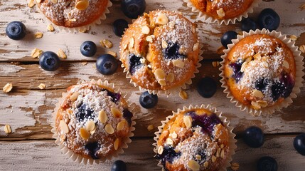 Obraz na płótnie Canvas Muffins with blueberries and almonds close-up on the table. horizontal view from above