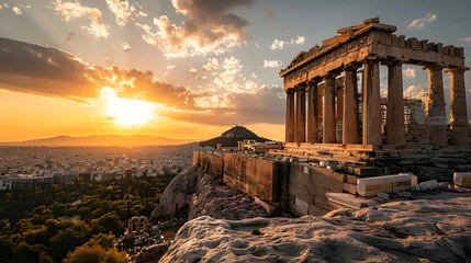 Gardinen A photo of the Acropolis of Athens, with marble columns as the background, during a golden sunset © VirtualCreatures