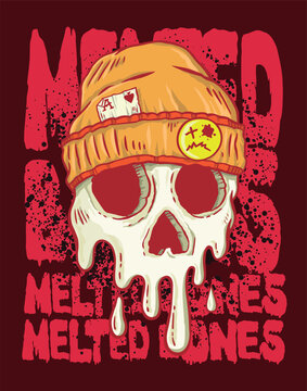 Stripped cartoon style vector illustration of melting skull. Art with text and texture in the background. Editable design for printing on t-shirts, posters, etc.