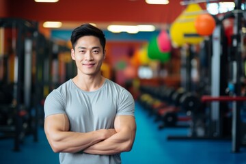 Fitness, gym and happy asian man personal trainer ready for workout coaching