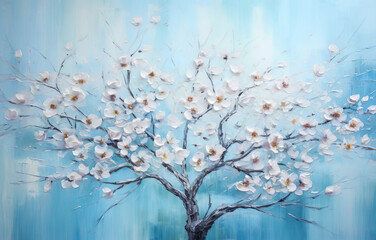 Blossoming Cherry blossom in Blue Spring Sky - oil painting - Generative Ai - obrazy, fototapety, plakaty