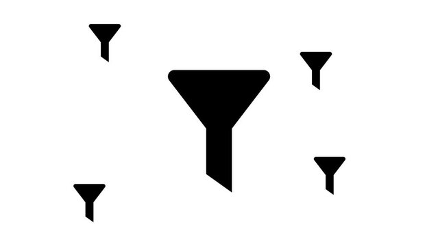 Zoom in and out animation the funnel symbol. Large black symbol in the center and four small symbols around. Seamless looped 4k animation on white background