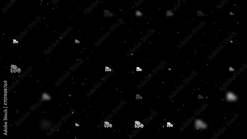 Poster template animation of evenly spaced concrete mixer truck symbols of different sizes and opacity. ani
