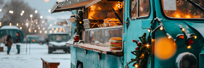 winter food truck in city festival, selective focus banner background