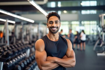 Fitness, gym and happy indian man personal trainer ready for workout coaching - obrazy, fototapety, plakaty