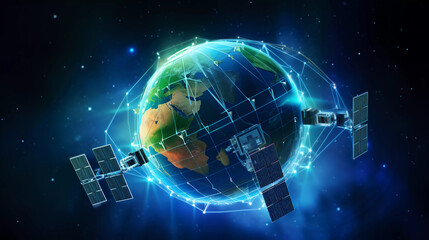 Fototapeta premium telecom communication satellite orbiting around the globe earth with futuristic technology datum hologram information for online and internet connection and gps space orbit services banner 