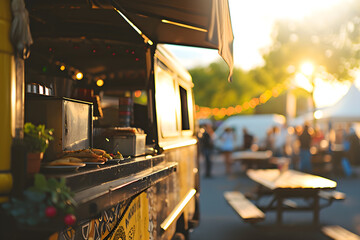 Autumn food truck in city festival, selective focus