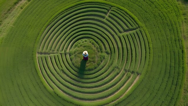 Top down aerial shot looking down at a witch in a green crop circle 