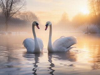 Fototapeta premium Two swan in lake in winter with snow at sunrise. 