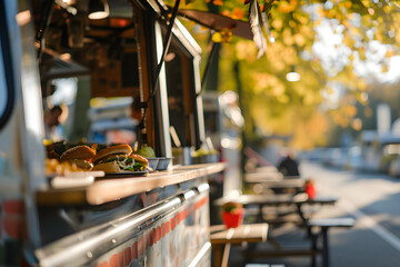 summer food truck in city festival, selective focus
