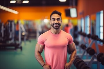 Fitness, gym and happy indian man personal trainer ready for workout coaching