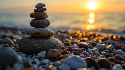 The object of the stones on the beach at sunset