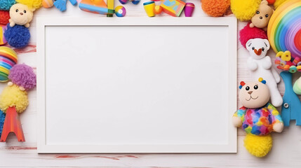 Obraz premium White wooden blank frame surrounded by playthings and colorful toys 