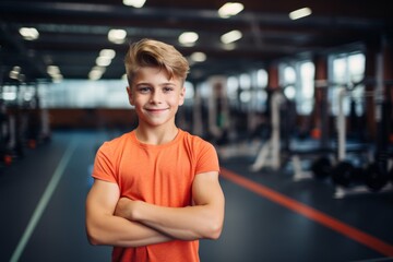 Fototapeta premium Fitness, gym and happy child boy personal trainer ready for workout coaching