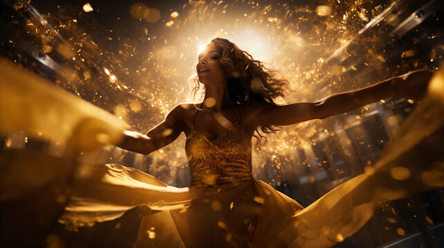 Woman dancing in a nightclub, woman with golden dress, gold light, people having fun, party, alcohol, volumetric lights, portrait of a woman, friends, afterwork party, fancy, luxury, rich people 