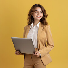 Young woman standing with laptop isolated on background 
