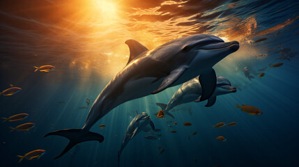 A group of dolphins swimming under water