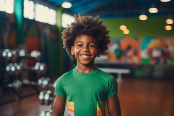Fitness, gym and happy african american child boy personal trainer ready for workout coaching