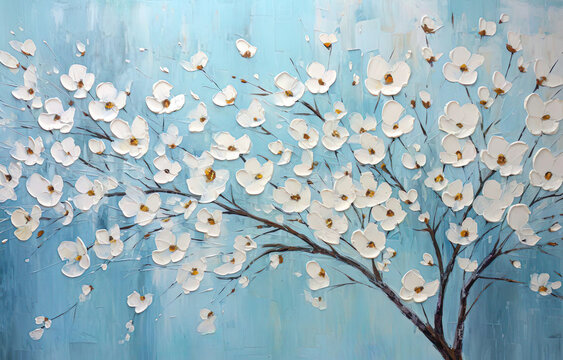 Blossoming Cherry blossom in spring sky - oil painting - Generative Ai
