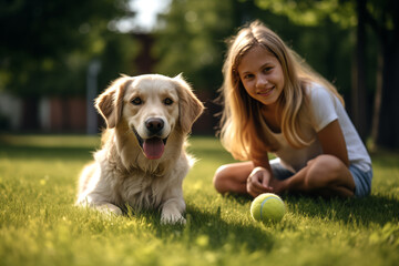 A little girl plays with her dog with a ball in the park