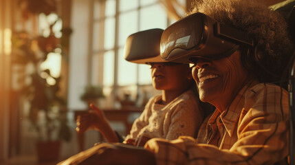 Black African American grandmother and grandchild gaming with VR headset goggles at home - obrazy, fototapety, plakaty