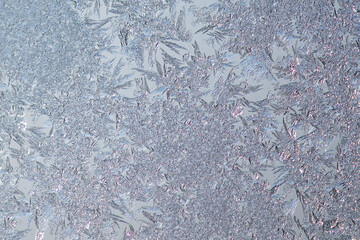 Pattern of ice frost on the glass of window. Winter background ant texture. Close up