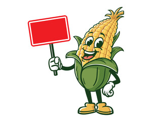 Corn maize with blank sign board cartoon mascot illustration character vector clip art hand drawn