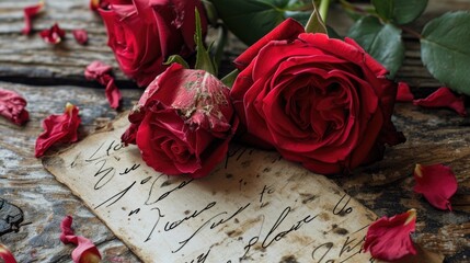 Red roses on a rustic wooden background. Valentines day concept