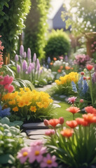 Fototapeta na wymiar Bright spring flowers surrounded by garden plants cutout