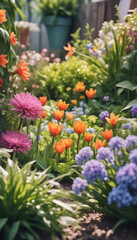 Fototapeta na wymiar Bright spring flowers surrounded by garden plants cutout