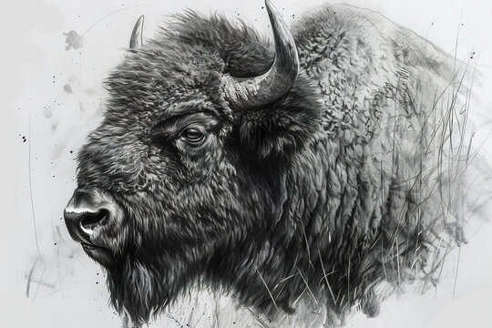 realistic pencil sketch of a bison, wild animal illustration