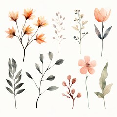 watercolor flowers, a set of illustrations in handmade watercolor style on a white background, generative ai	