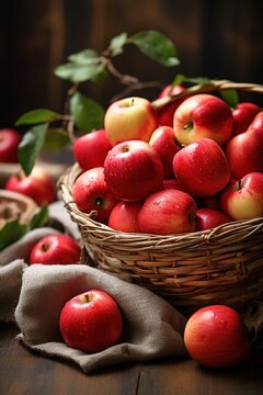 vertical image of basket filled with ripe red apples on a blurred background