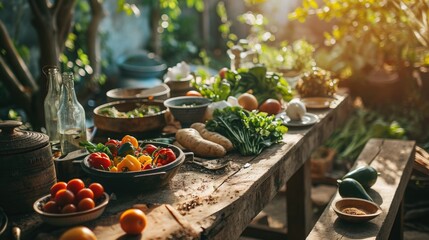 garden-fresh vegetable harvest lies on outdoor garden table. local farm organic brands market. - obrazy, fototapety, plakaty