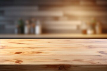 Wood table top on light abstract from kitchen room