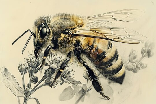realistic pencil sketch of a fluffy bee pollinating flower, macro insect illustration