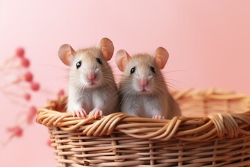 two cute domestic rats in a basket on a pink background