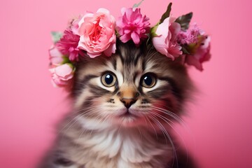 tabby cat with flowers on head on a pink background