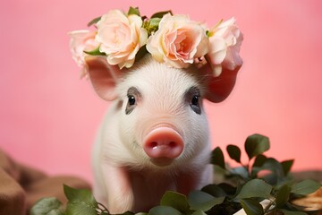 cute domestic mini pig with flowers crown on head on a pink background