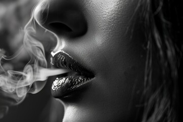 closeup of a female lips exhale smoke, black and white noir photography - obrazy, fototapety, plakaty