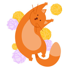 Cute big red cat lies with balls of yarn